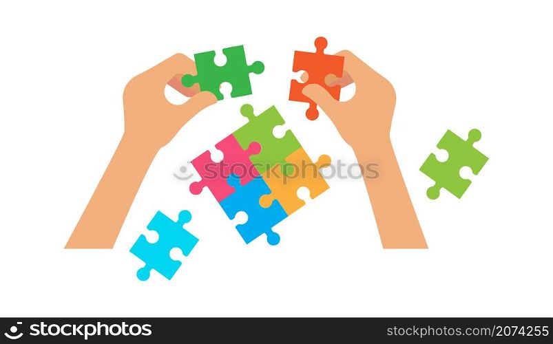 Hands hold puzzle. HR or collaboration concept, home simple game. Family evening, people collect parts in whole vector concept. Illustration business puzzle, hand holding jigsaw. Hands hold puzzle. HR or collaboration concept, home simple game. Family evening, people collect parts in whole vector concept