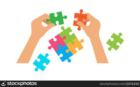 Hands hold puzzle. HR or collaboration concept, home simple game. Family evening, people collect parts in whole vector concept. Illustration business puzzle, hand holding jigsaw. Hands hold puzzle. HR or collaboration concept, home simple game. Family evening, people collect parts in whole vector concept