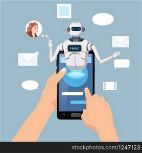 Hands Hold Smartphone Free Chat Bot, Robot Virtual Assistance On Smartphone Say Hello. Hands Hold Smartphone Free Chat Bot, Robot Virtual Assistance On Smartphone Say Hello Element Of Website Or Mobile Applications, Artificial Intelligence Concept Cartoon Vector Illustration