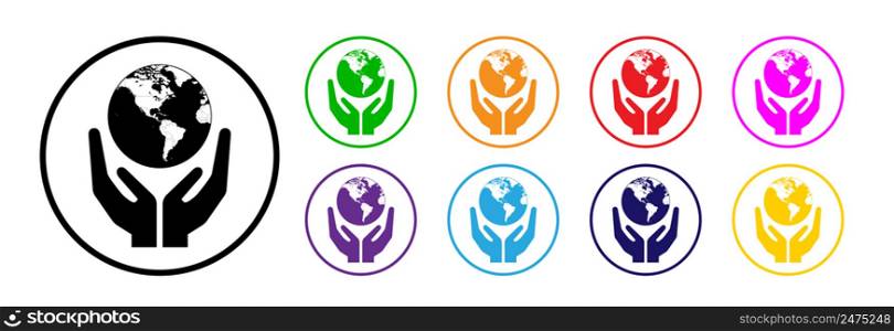 Hands hold the earth, World Environment Day. Icon in different colors.