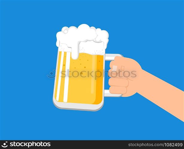 Hands holding a beer mug isolated on blue background - Vector illustration