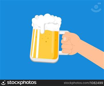 Hands holding a beer mug isolated on blue background - Vector illustration