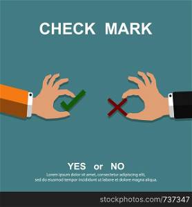 Hands holding a check mark, Yes or No, Flat style, Vector illustration