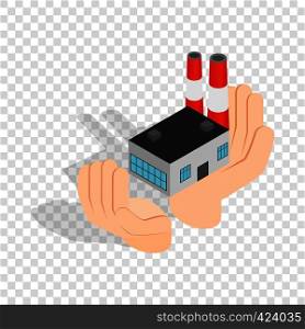 Hands holding a chemical plant isometric icon 3d on a transparent background vector illustration. Hands holding a chemical plant isometric icon