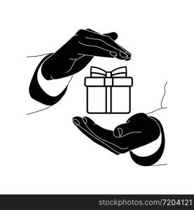 Hands holding a gift or present icon flat logo in black and white on isolated white background. EPS 10 vector.. Hands holding a gift or present icon flat logo in black and white on isolated white background. EPS 10 vector