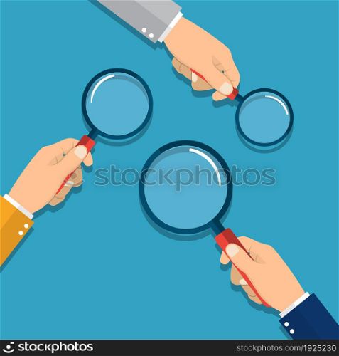 hands holding a magnifying glass. Concept of searching, detecting and analyzing. vector illustration in flat design on blue background. hands holding a magnifying glass