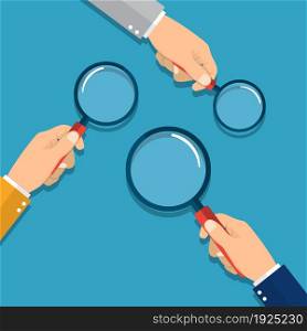 hands holding a magnifying glass. Concept of searching, detecting and analyzing. vector illustration in flat design on blue background. hands holding a magnifying glass