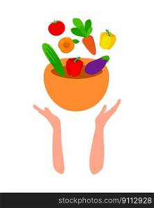 Hands holding a plate with healthy food. Farm organic vegetables. Healthy eating concept. Vector illustration.
