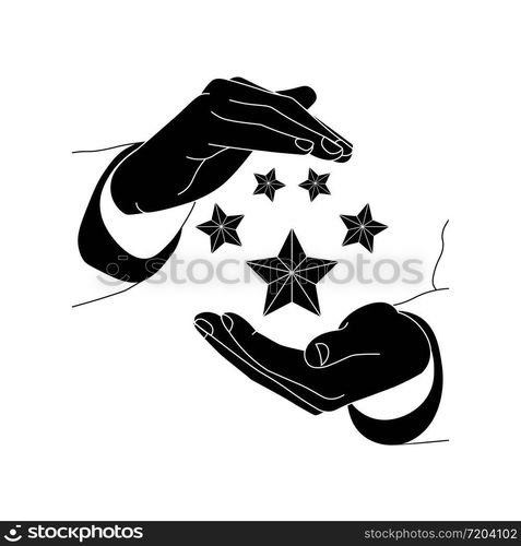 Hands holding a product ratings five stars, premium icon flat logo in black on isolated white background. EPS 10 vector.. Hands holding a product ratings five stars, premium icon flat logo in black on isolated white background. EPS 10 vector