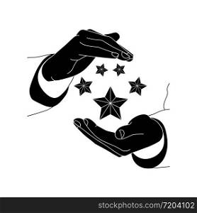 Hands holding a product ratings five stars, premium icon flat logo in black on isolated white background. EPS 10 vector.. Hands holding a product ratings five stars, premium icon flat logo in black on isolated white background. EPS 10 vector