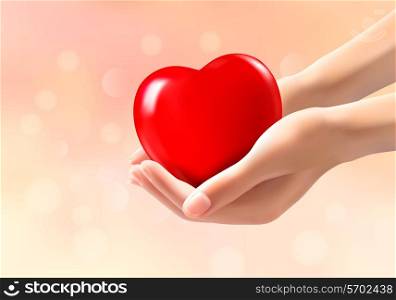 Hands holding a red heart. Vector
