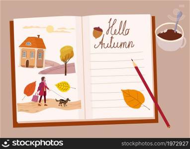 Hands holding an open Autumn Daily Diary notepad, list schedule, goals, to do, acorn, autumn leaves, coffee cup. Personal planning and organisation, organizer page. Vector illustration modern cartoon style isolated