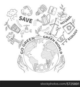 Hands holding and protecting globe environment conservation and ecology concept doodle vector illustration