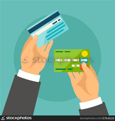 Hands holding bank cards in flat design style.