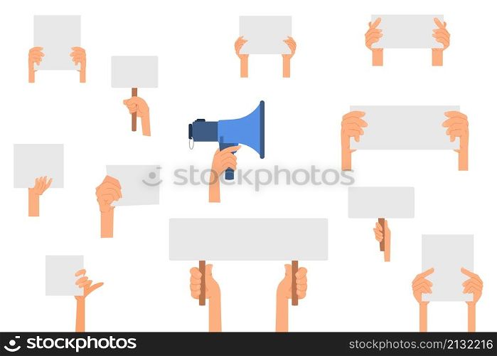 Hands holding banners. Hand hold placard, protest signs. Blank boards of activists, isolated politic picket or demonstration decent vector elements. Vector placard presentation, riot activist. Hands holding banners. Hand hold placard, protest signs. Blank boards of activists, isolated politic picket or demonstration decent vector elements