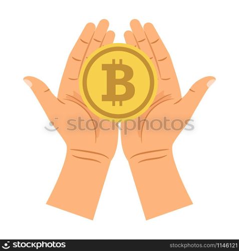Hands holding bitcoin isolated on the white background, vector illustration. Hands holding bitcoin
