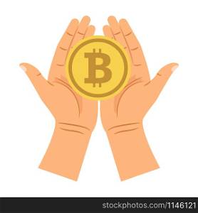 Hands holding bitcoin isolated on the white background, vector illustration. Hands holding bitcoin