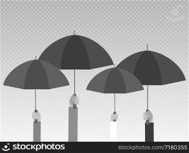 Hands holding black umbrellas isolated on transparent background. Vector illustration. Hands holding umbrellas isolated on transparent background
