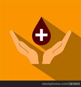 Hands holding blood drop icon. Flat illustration of hands holding blood drop vector icon for web design. Hands holding blood drop icon, flat style