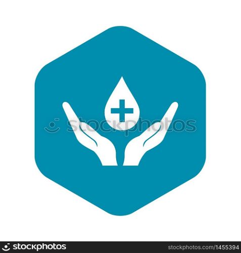 Hands holding blood drop icon. Simple illustration of hands holding blood drop vector icon for web design. Hands holding blood drop icon, simple style
