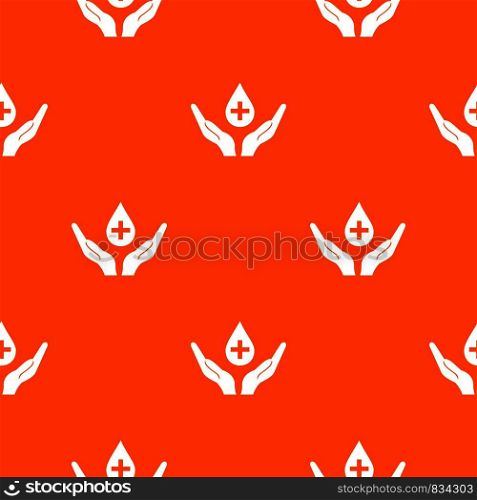 Hands holding blood drop pattern repeat seamless in orange color for any design. Vector geometric illustration. Hands holding blood drop pattern seamless