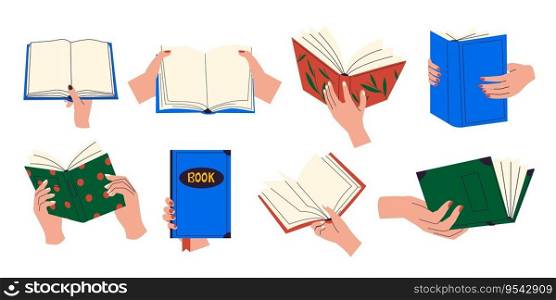 Hands holding books. Group of people reading together, education and learning concept. Vector illustration of people reading and sharing. Female arms carrying dairies, textbooks, studying. Hands holding books. Group of people reading together, education and learning concept. Vector illustration of people reading and sharing