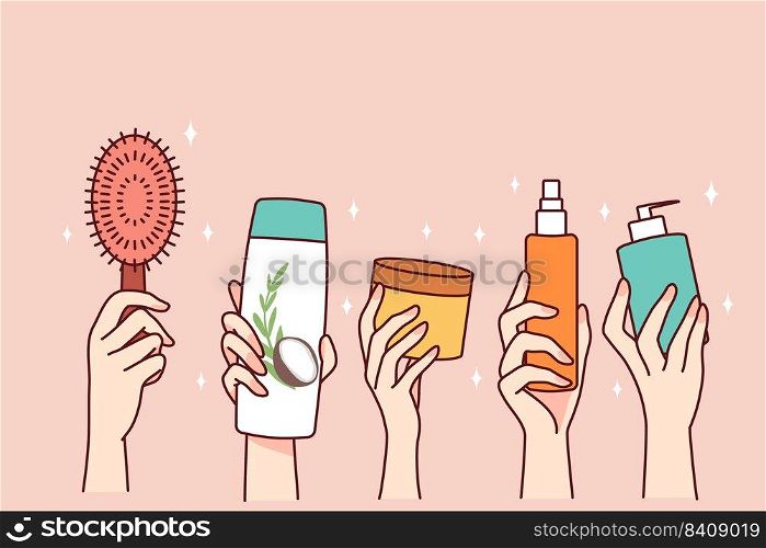 Hands holding bottles of cosmetic products. People recommend diverse beauty routine. Spa and cosmetology concept. Flat vector illustration.. Hands holding diverse cosmetic bottle
