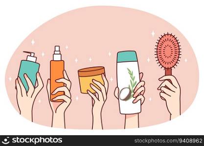Hands holding bottles of cosmetic products. People recommend diverse beauty routine. Spa and cosmetology concept. Flat vector illustration.. Hands holding diverse cosmetic bottle