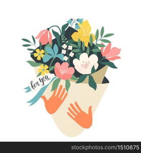 Hands holding bouquet of flowers with a note For you. Vector design concept for Valentines Day and other users. Vector Illustration. Hands holding bouquet of flowers with a note For you. Vector design concept for Valentines Day and other users. Vector Illustration.