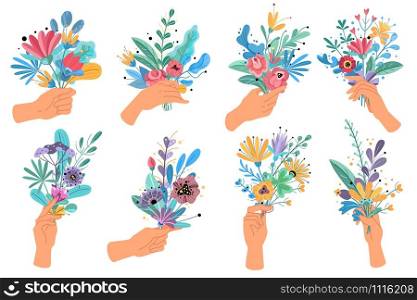 Hands holding bouquets. Colorful floral bundle bouquets in hands, decorative blooming gifts elegant spring summer bunches flowers vector botanic decoration set. Hands holding bouquets. Colorful floral bundle bouquets in hands, decorative blooming gifts elegant spring summer bunches flowers vector set
