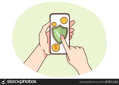 Hands holding cellphone buy online phone protection. Person with smartphone protect gadget from viruses. Technology safety. Vector illustration.. Person buy antivirus program on cell
