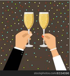 Hands holding champagne and wine glasses, celebrating. Vector illustration