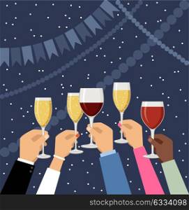 Hands holding champagne and wine glasses, celebrating. Vector illustration