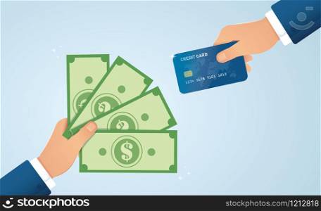 Hands holding credit card and money bills vector illustration EPS10