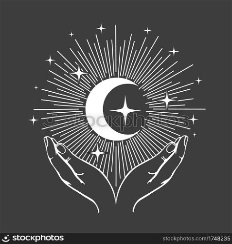 Hands holding Crescent Moon. Hand drawn esoteric moon, magical symbol, witchcraft mystic. Vector illustration.
