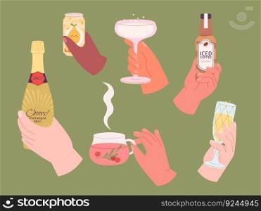 Hands holding different drinks. Bottle ch&agne in hand, glasses sparkle wine, lemonade in can and iced coffee. Party beverages vector set of glass drink ch&agne illustration. Hands holding different drinks. Bottle ch&agne in hand, glasses sparkle wine, lemonade in can and iced coffee. Party beverages vector set