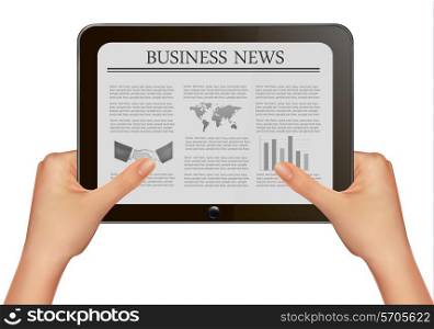 Hands holding digital tablet pc with business news. Vector illustration