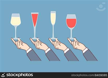 Hands holding diverse glasses with alcoholic beverages. Sommelier tasting alcohol. Party or celebration. Drinks at bar. Flat vector illustration.. Hands holding diverse glasses with drinks