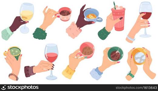 Hands holding drinks. Different cups, mugs and wine glasses in female hand. Lemon tea, coffee and hot cocoa or chocolate. Colorful trendy tableware for beverages modern cartoon vector isolated set. Hands holding drinks. Different cups, mugs and wine glasses in female hand. Lemon tea, coffee and hot cocoa or chocolate. Colorful tableware for beverages cartoon vector isolated set