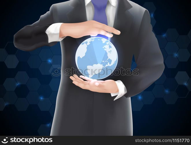 Hands holding earth of background on blue and black