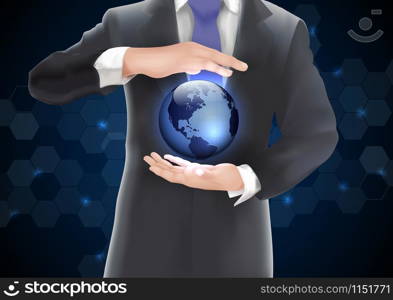 Hands holding earth with blue of background on blue and black
