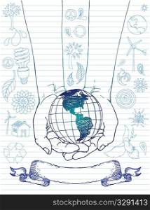 Hands holding earth with eco doodles.