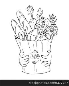 Hands holding Eco bag with products. Vector illustration. outline sketch. Paper bag with food, vegetables, fruits, oil bottle and baguette. Ecology concept, recycling, grocery shopping and delivery