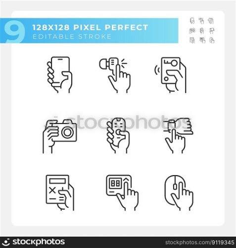 Hands holding electronic gadgets pixel perfect linear icons set. Digital equipment usage. Technology for life. Customizable thin line symbols. Isolated vector outline illustrations. Editable stroke. Hands holding electronic gadgets pixel perfect linear icons set