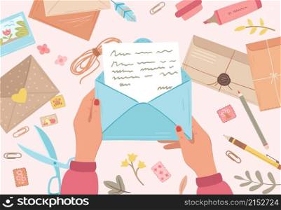 Hands holding envelope. Prepare future letters, postal papers. Self writing messaging, write postcard message cartoon exact vector concept. Communication mail, composition notepad and postcard. Hands holding envelope. Prepare future letters, postal papers. Self writing messaging, write postcard message cartoon exact vector concept