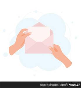 Hands holding envelope with blank paper letter with empty space for text. Receiving mail concept. Vector illustration.