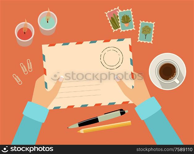 Hands holding envelope with stamps. Stationery. Top view. Sending written letter through postal service. Vector flat illustration