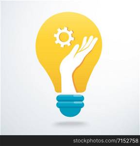 hands holding gear icon in light bulb icon vector, creative concept