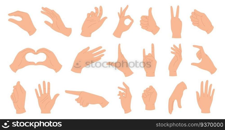 Hands holding gestures. Elegant female and male hand showing heart, ok, like, pointing finger and waving palm. Trendy hands poses vector set. Body language signs and symbols for communication. Hands holding gestures. Elegant female and male hand showing heart, ok, like, pointing finger and waving palm. Trendy hands poses vector set