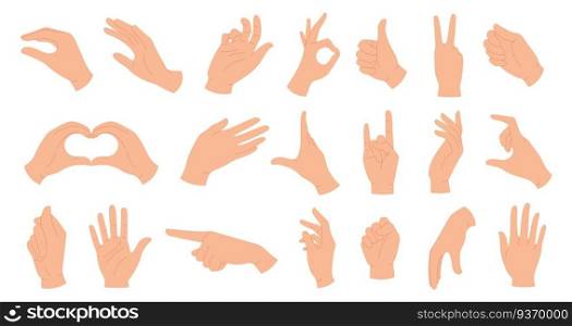 Hands holding gestures. Elegant female and male hand showing heart, ok, like, pointing finger and waving palm. Trendy hands poses vector set. Body language signs and symbols for communication. Hands holding gestures. Elegant female and male hand showing heart, ok, like, pointing finger and waving palm. Trendy hands poses vector set